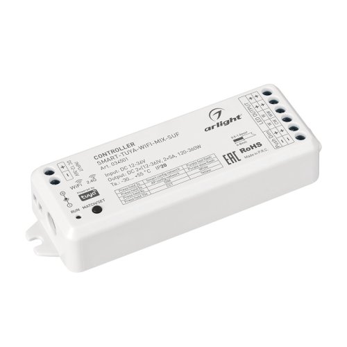 Диммер для светодиодной ленты Arlight SMART-YUYA-Wi-IFI-MIX-SUF 12-36В 2x5А 2.4G 60-180Вт по Wi-Fi фото Диммер для светодиодной ленты Arlight SMART-YUYA-Wi-IFI-MIX-SUF 12-36В 2x5А 2.4G 60-180Вт по Wi-Fi картинка